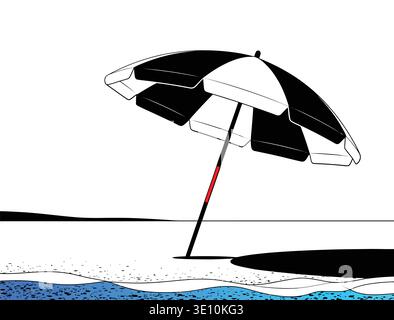 Beach Umbrella on Sandy Shore with Ocean Waves Illustration Stock Vector