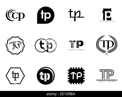 TP logo company template. Letter t and p logotype. Set different classic serif lettering and modern bold text with design elements. Initial font typog Stock Vector
