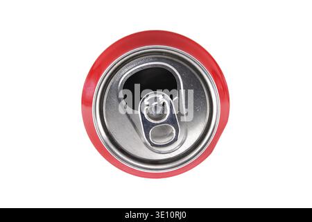 Circular view of an opened soda can with a red top seen from above, showcasing its metallic pull-tab and stylish design, popular with beverages and dr Stock Photo