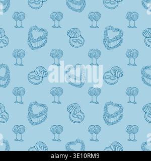 A seamless pattern with a coastal wedding theme. Hand-drawn cake, glasses with shells, and rings. Pastel blue background. A Mediterranean nautical wedding. Coastal and beach theme. Vector outline illustration. Stock Vector