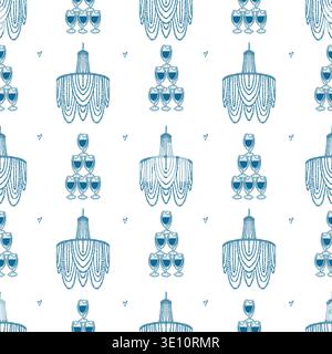 A seamless blue and white pattern with whimsical cocktails, a glass tower, a retro crystal chandelier, and hearts. A luxurious hand-drawn vintage background. Vector outline illustration for weddings, holidays, and birthdays. Stock Vector