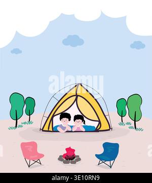 Family Camping Scene Illustration with Tent and Campfire Stock Vector