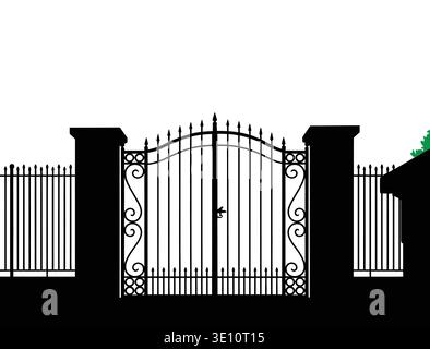 Decorative iron wrought fence silhouette with artistic forging isolated on white background. Metal guardrail. Steel modular railing Stock Vector