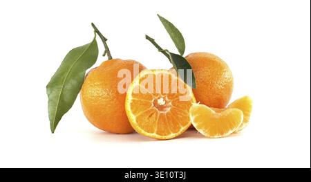 Three vibrant mandarin oranges, one halved and one peeled, with fresh green leaves. Bright, organic, and natural, showcasing the beauty of citrus frui Stock Photo