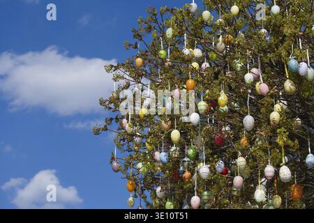 A decorated tree is adorned with colorful Easter eggs, set against a beautiful bright blue sky filled with fluffy white clouds Stock Photo