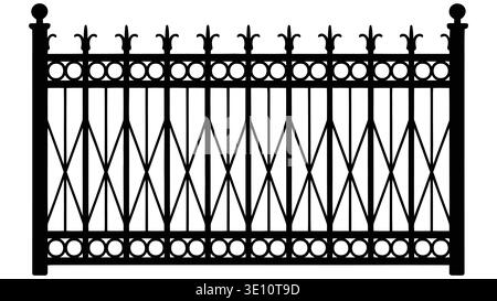 Elegant black silhouette of a decorative wrought iron fence section with ornate scrolls and sharp finials Stock Vector