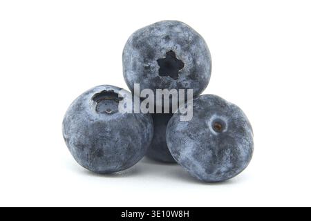A close-up image of three fresh blueberries stacked together against a white background, highlighting their vibrant color and natural texture Stock Photo