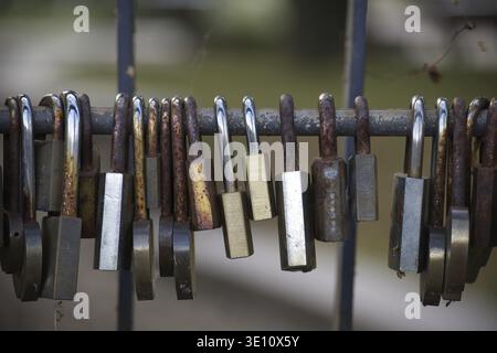 A collection of rusty padlocks hangs on a metal fence, symbolizing security and time. The weathered locks convey a sense of history and resilience in Stock Photo