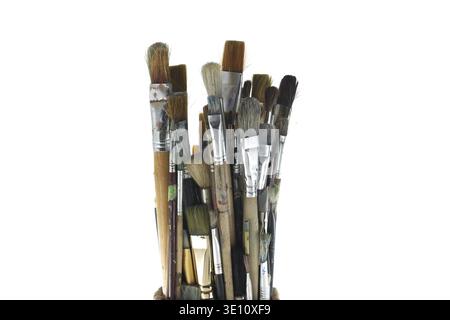 Assortment of various types and sizes of paintbrushes isolated on white background Stock Photo