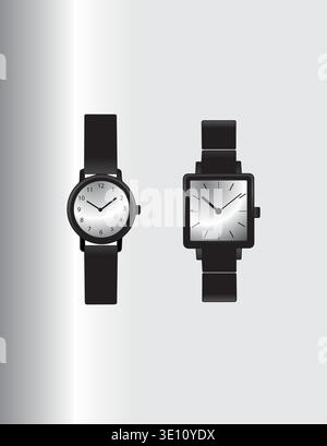Pair of Black Analog Wrist Watches With Round and Square Faces on Light Background Stock Vector