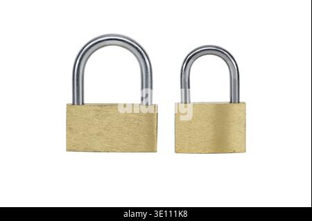 Two shiny gold padlocks that has a silver inner part isolated on white background Stock Photo