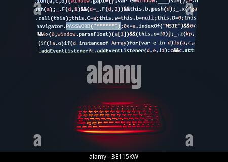 Cyber security. Program code on screen. Using computer and programming to break code. Cyber security threat. Internet and network security. Stealing p Stock Photo