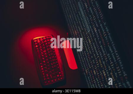 Cyber security. Program code on screen. Using computer and programming to break code. Cyber security threat. Internet and network security. Stealing p Stock Photo