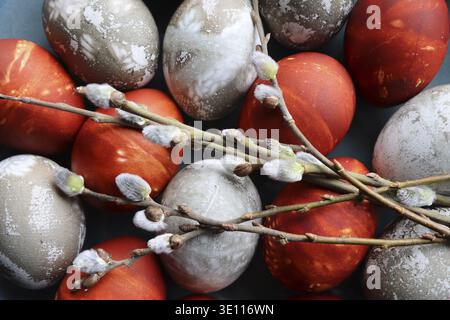Many decorated Easter eggs as background, top view. Festive tradition Stock Photo