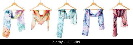 Silk colourful hand painted tied scarves hung on hangers over white background. Woman fashion, tying a scarf, wearing a scarves. Stylish ways to tie a Stock Photo