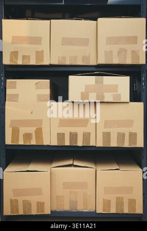 Cardboard boxes on shelves Stock Photo