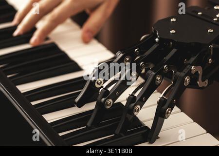 Concepts of prosthetics or artificial intelligence. Human with neural hand prosthesis playing piano Stock Photo
