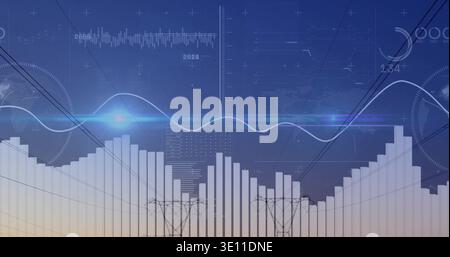 Displaying wide white histogram rising across digital dashboard, showing cyan waveform and towers Stock Photo