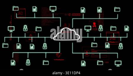 Glowing central cloud icon streaming neon lines across network grid, showing locks folders charts Stock Photo