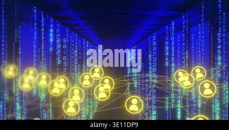 Glowing band of yellow icons forming network in digital tunnel with linked lines and code streams Stock Photo