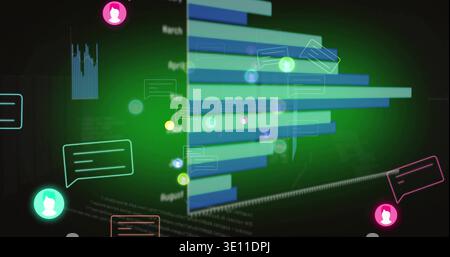 Displaying 3D horizontal bar chart highlighting month labels on virtual dashboard, with avatars Stock Photo