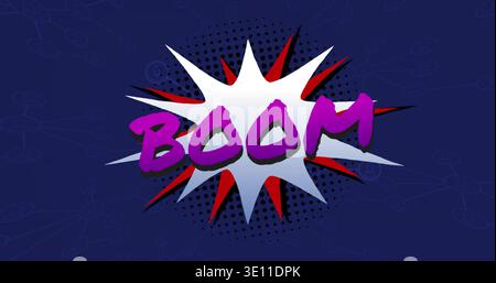 Bursting comic starburst occupying center on navy field, showing purple 3D BOOM creating pop-art Stock Photo
