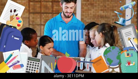 Guiding teacher in blue polo using tablet and showing kids in white-shirts at school with supplies Stock Photo
