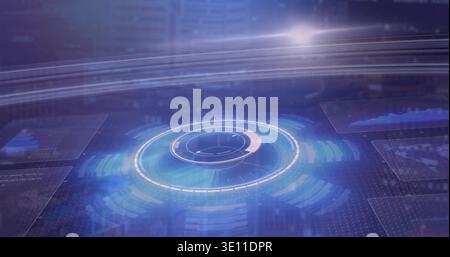 Rotating central circular HUD hovering on virtual dashboard, showing segmented arc and panels Stock Photo