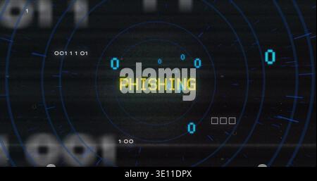 Displaying pixelated PHISHING text pulsing on dark cybersecurity HUD with radar rings, binary Stock Photo