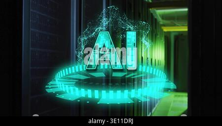 Glowing hologram AI letters hovering above segmented platform in data center aisle, casting light Stock Photo
