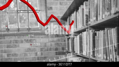 Displaying red jagged line chart overlaying grayscale library with wooden shelves, brick wall, grid Stock Photo