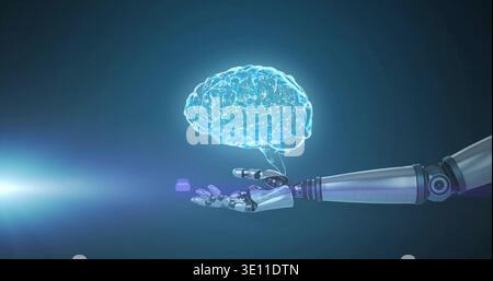 Showing metallic robotic forearm holding glowing holographic brain in tech studio, lens flare left Stock Photo