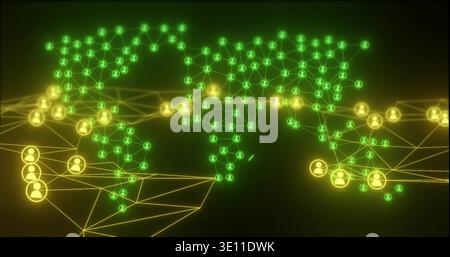 Displaying global network with glowing green yellow user nodes forming mesh on dark gradient Stock Photo