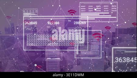 Showing central UI overlay hovering above purple skyline, displaying numeric readouts and Wi?Fi Stock Photo