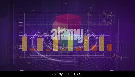 Displaying analytics UI on dark-purple gradient, featuring gold or red bars, blue-line, radar rings Stock Photo
