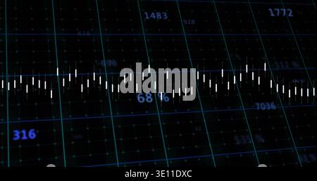 Displaying centered waveform of short white bars across dark display, showing teal grid, metrics Stock Photo