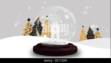 Displaying glass snow globe holding small white tower and fence on white slope, with dark base Stock Photo
