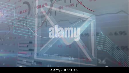 Displaying envelope icon hovering over data dashboard, with red and blue lines, percent overlays Stock Photo
