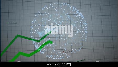 Displaying 3D sphere point-cloud on grid, with green zigzag trend lines, numbers, red markers Stock Photo