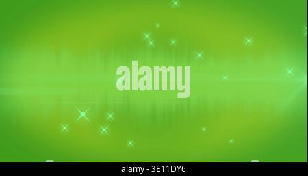 Showing cyan glints grouping over central horizontal light band on green field with lens flare Stock Photo