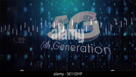 Glowing 3D 5G logo hovering in studio data-stream, with 5th Generation text and cascading digits Stock Photo