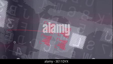 Displaying translucent panel showing four red bar-charts on HUD over dot map, with red path markers Stock Photo