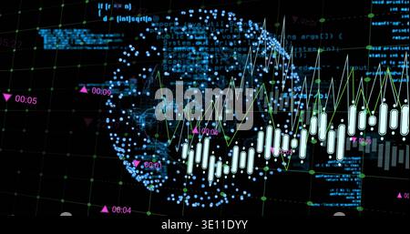 Showing blue 3D globe rotating with candlestick bars on digital dashboard, with magenta markers Stock Photo