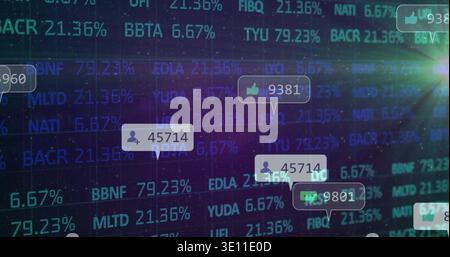 Displaying social bubbles with counters over dark grid dashboard, teal tickers and percentages Stock Photo