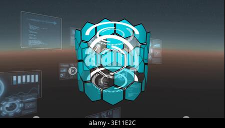 Projecting cyan-blue hex hologram cylinder rotating in virtual platform, with concentric HUD rings Stock Photo