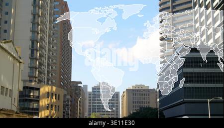 Floating faint white world map overlay hovering above downtown avenue, with high-rise towers Stock Photo