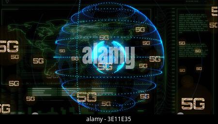 Displaying hologram globe rotating in virtual network dashboard with concentric rings and 5G labels Stock Photo