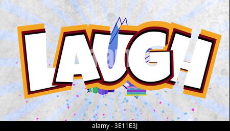 Displaying bold 3D LAUGH letters on textured paper with blue rays, showing teardrop and confetti Stock Photo