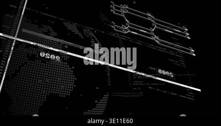 Displaying stylized dotted globe crossed by bright scan line in virtual HUD, with circuit diagrams Stock Photo
