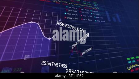 Displaying financial dashboard showing purple panel graph and floating numeric labels on grid Stock Photo